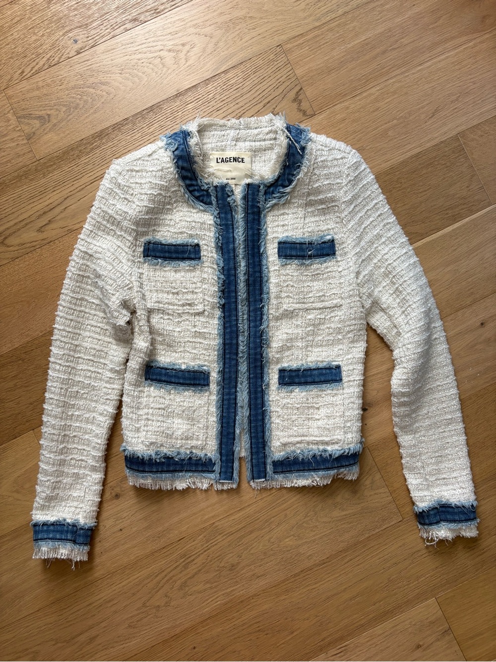 L'AGENCE Cream Tweed Jacket with Blue Denim Trim